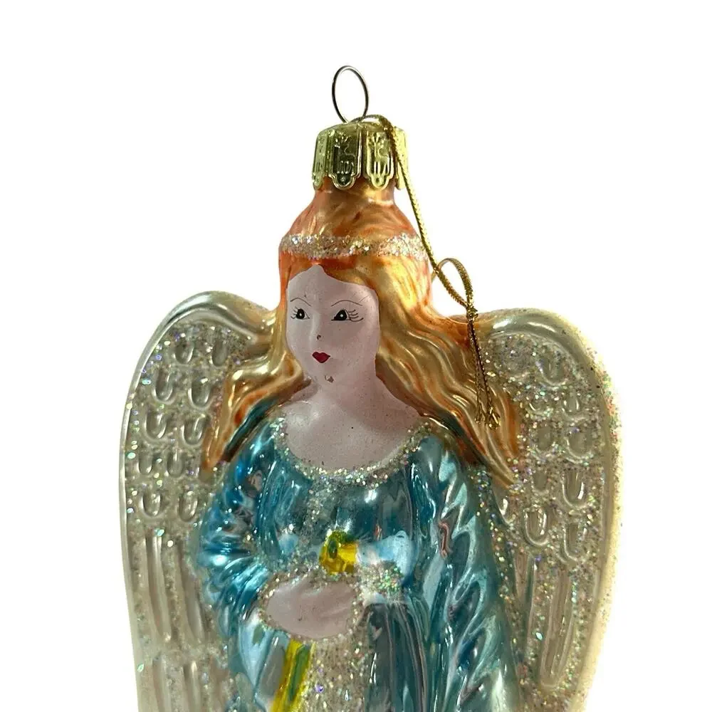 Vintage Hand Blown Glass Angel Christmas Ornament Blue Gown Glitter 6.5”